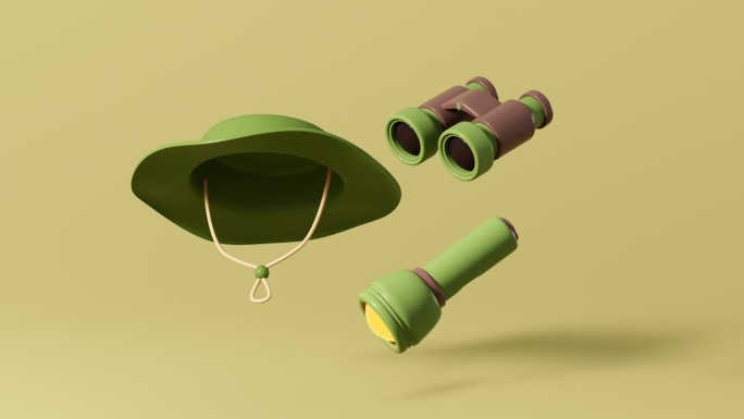 卡通双筒望远镜，帽子和手电筒，3d渲染。
