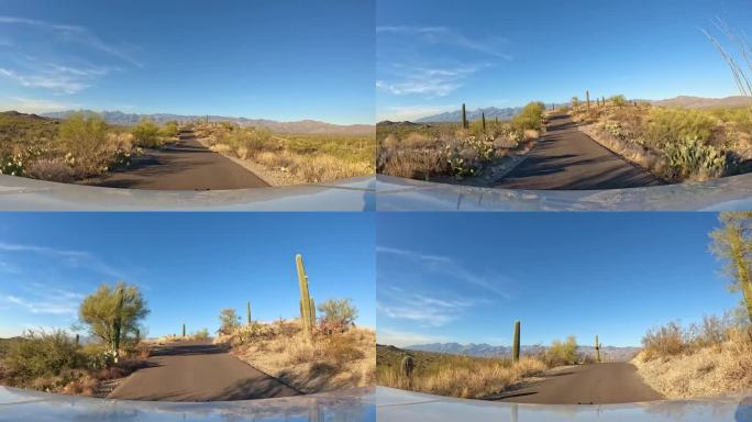 视角——在亚利桑那州萨瓜罗国家公园的萨瓜罗森林上方的山脊上驾车驶向林孔山脉;道路较少的概念，开阔的道