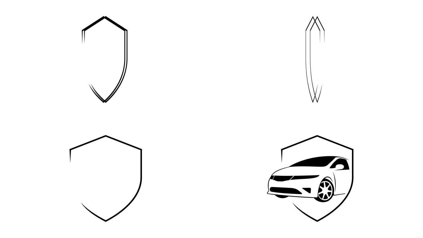汽车和盾牌图形动画。阿尔法通道。汽车透明背景运动设计。4 k的决议
