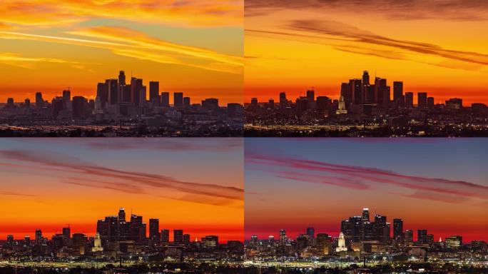 洛杉矶史诗日落日到夜延时视频从阿斯科特山