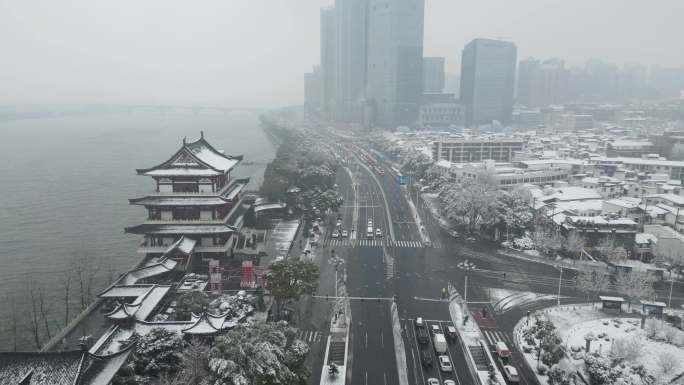 4K航拍长沙雪景长沙城市雨雪天合集16