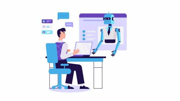 人与机器人聊天动画。聊天机器人，人工智能，客户支持概念。与人工智能、数字虚拟助手在线交流。对口型、旁