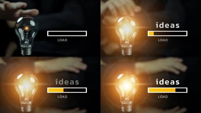 商人用“想法”、“概念”和“愿景”来展示灯泡。思维观念和创造性。寻找答案，头脑风暴，解决问题，发明和