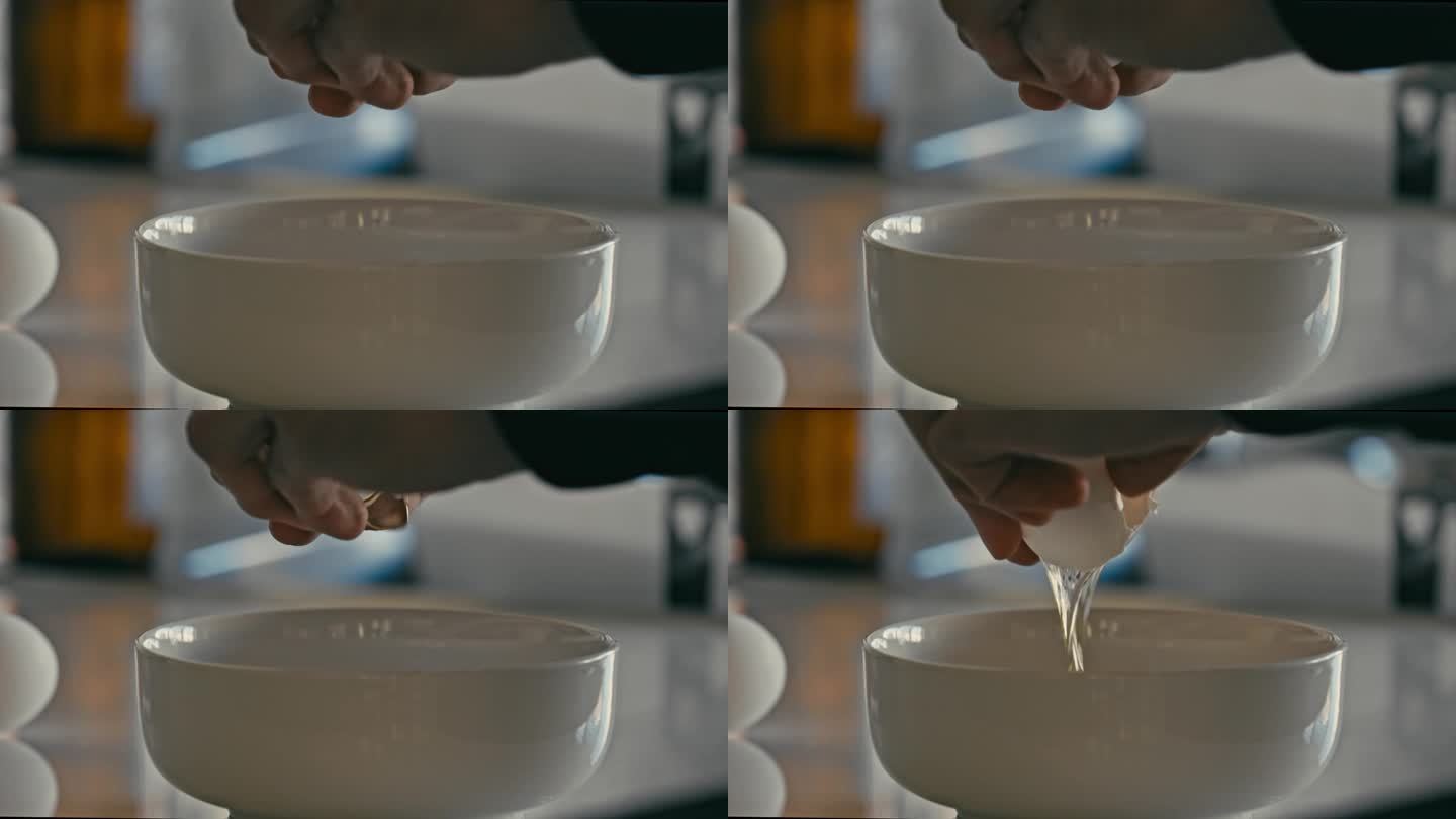 双手打开生鸡蛋放入白碗中做早餐。
