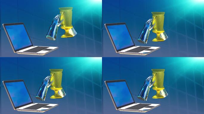 香椿背景动画的获胜者的杯子在手提电脑作为一个概念的成功和奖品在数字技术3d渲染