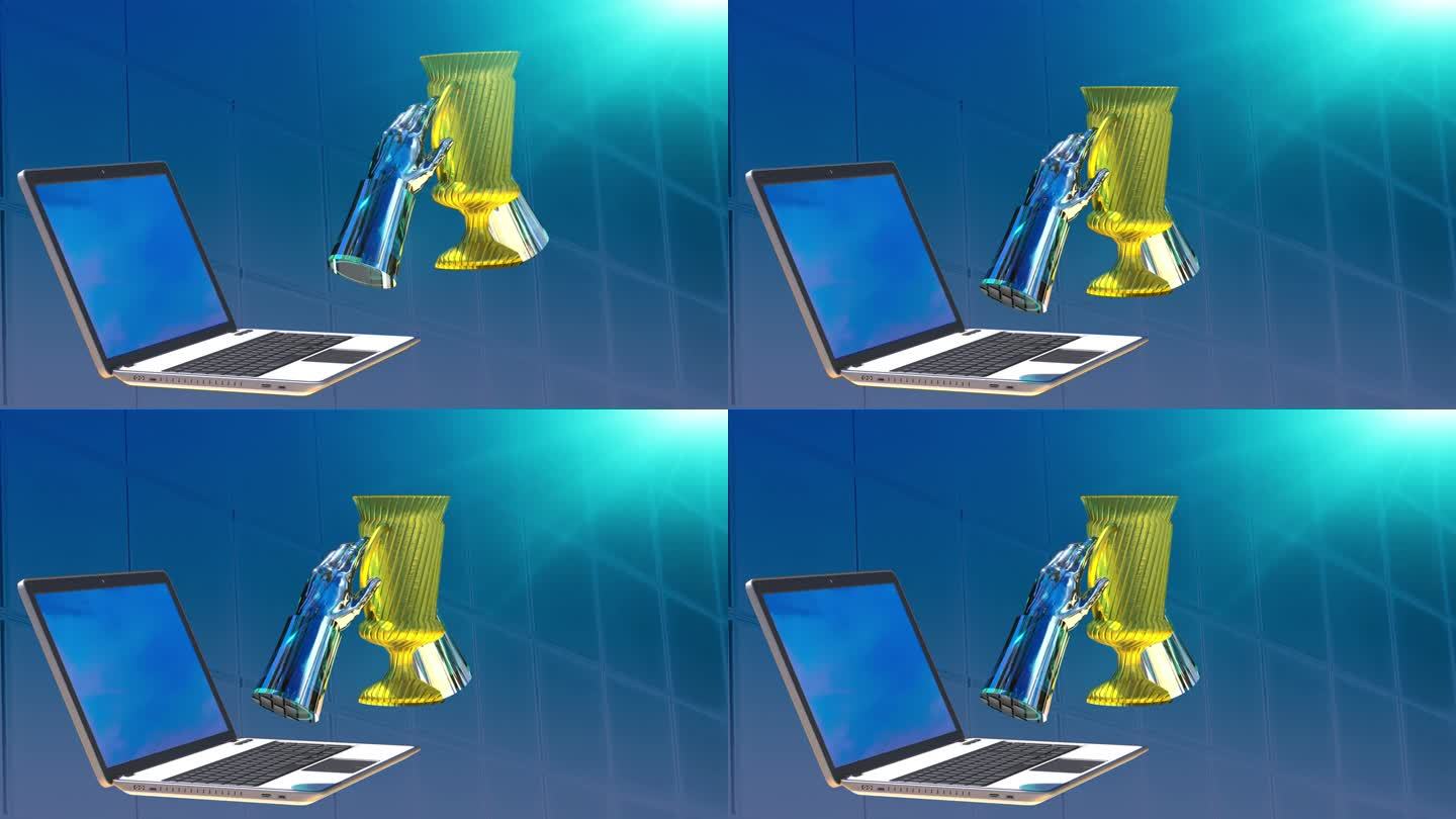香椿背景动画的获胜者的杯子在手提电脑作为一个概念的成功和奖品在数字技术3d渲染