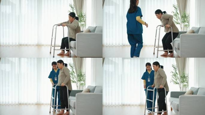 养老院正在照顾一位用助行器学习走路的老年病人。