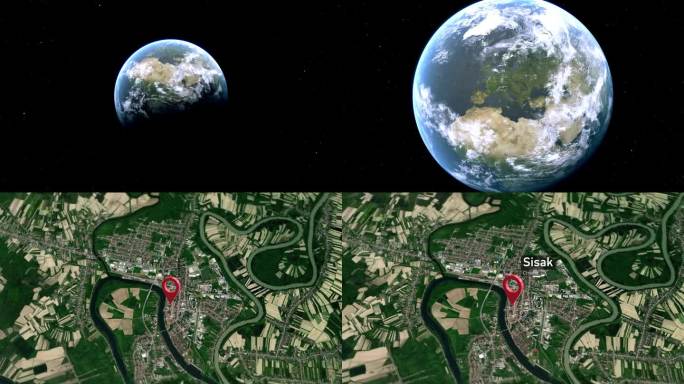 克罗地亚Sisak城市地图从太空到地球的缩放