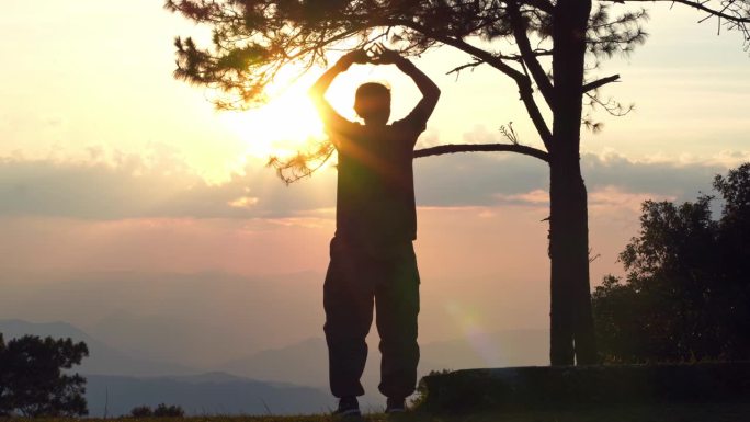 景观和旅行的概念与单独的自由职业者男人坐在木头上，从户外与山的背景层放松