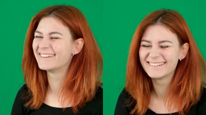 垂直视频真诚的笑一个年轻的女人不同的情绪悲伤的脸上笑后金耳环一套情感的面部表情在绿色的背景色度键