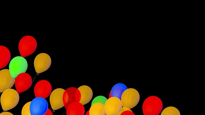 一束彩色的气球在黑色的背景上从下到上飞行