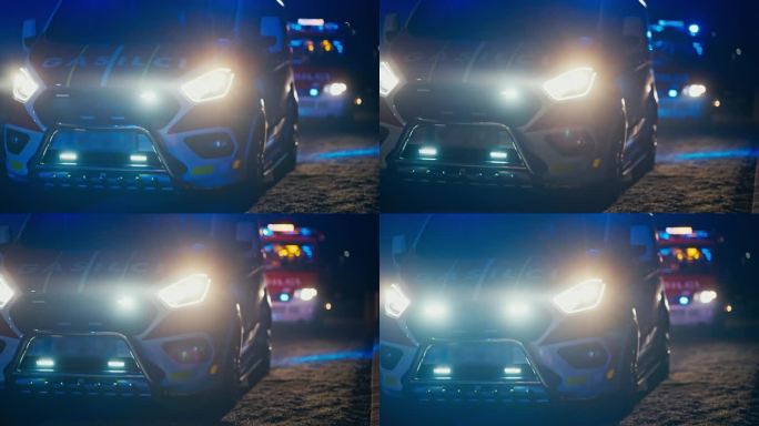 斯洛文尼亚夜间道路上的消防车闪烁着灯光，鸣笛