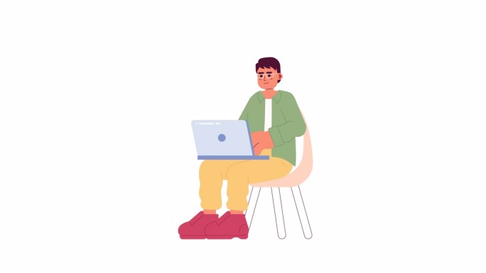 戴眼镜的人坐在椅子上，用笔记本电脑制作2D人物动画。