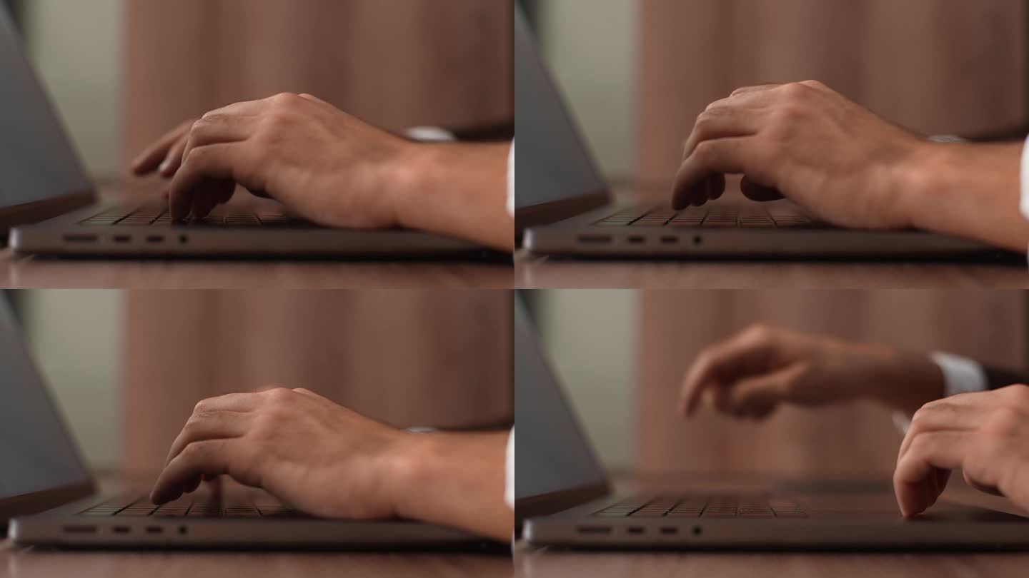 特写镜头中，无法辨认的男性双手关掉了笔记本电脑，合上了桌面电脑的盖子。自由职业者在笔记本电脑上完成打