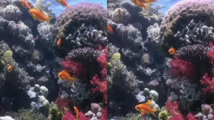 垂直视频，小橙色鱼探索柔软的水下珊瑚之美。