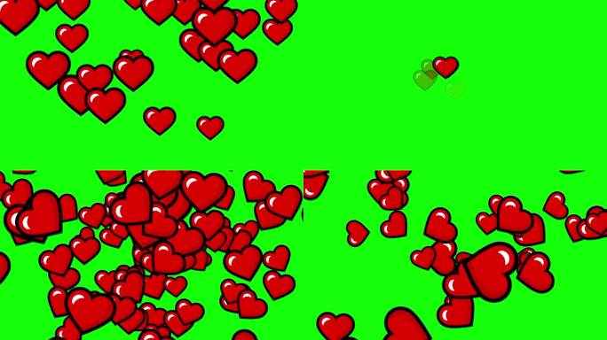 4K红心过渡-绿色屏幕背景上的一组红心过渡。社交媒体的情人节介绍