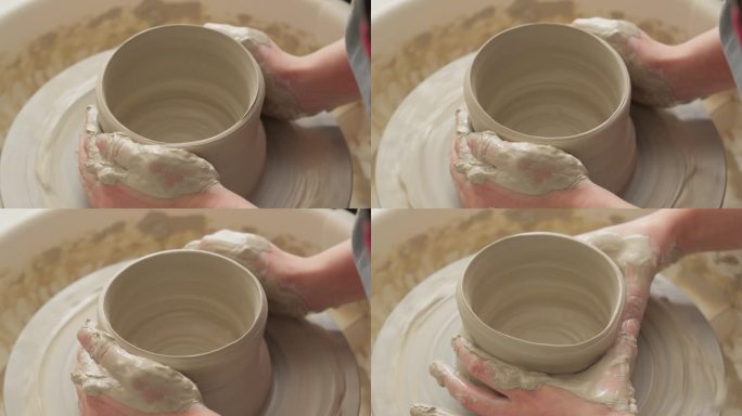 在他的工作室里，工匠用熟练的双手在抛轮上塑造精致的花瓶。