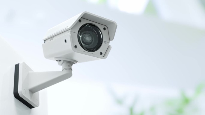 闭路电视摄像机安装在大楼的墙上。扫描该区域以进行监视。可以在保安工作中后台使用。