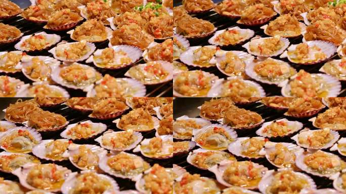 海南三亚夜市街头美食碳烤生蚝扇贝海胆海鲜