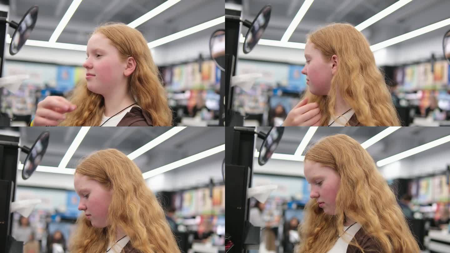 在商店里，唇膏的样品被挑选为唇彩，年轻女孩在镜子旁挑选唇彩。买化妆品用背光化妆美容青春期少女女子