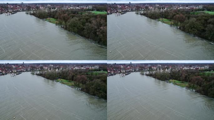 航拍照片摄于荷兰霍恩港市，湖水漫过河岸，淹没了公园