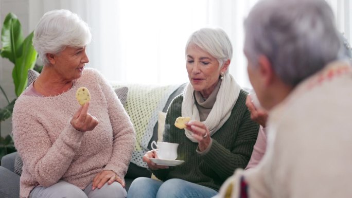 朋友，谈话和长辈一起喝咖啡和饼干放松在沙发上聚会在家访。沙发，客厅和在休息室喝茶聊天的老年妇女