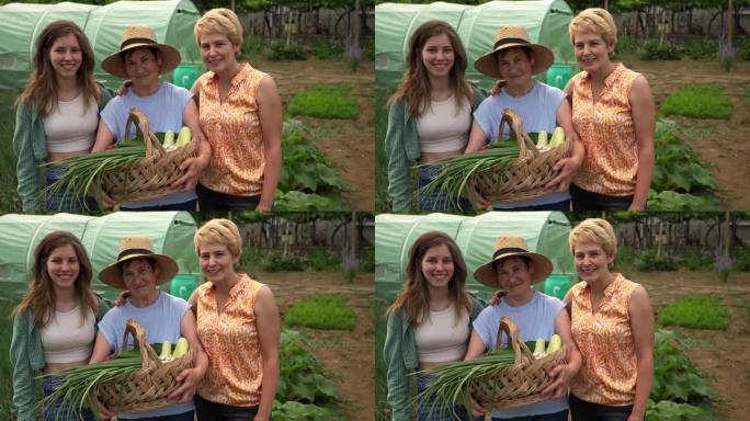 三个女人提着一篮子自家的农产品