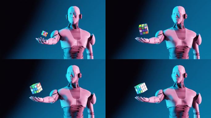 机器人网络人形手里拿着魔方，展示人工智能如何向人类学习