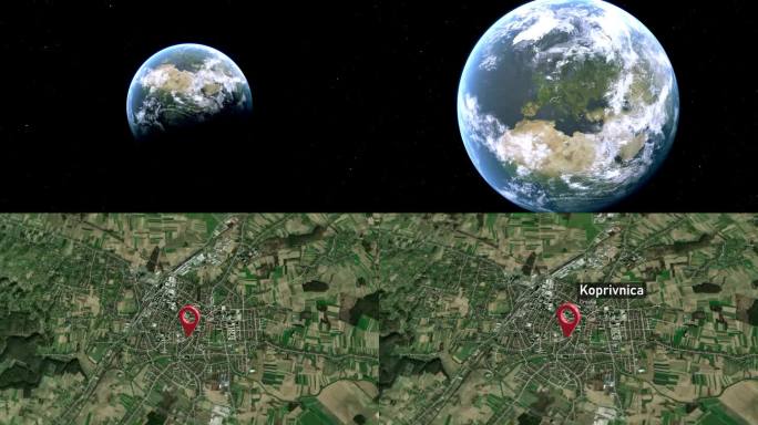 Koprivnica城市地图从太空到地球的缩放，克罗地亚