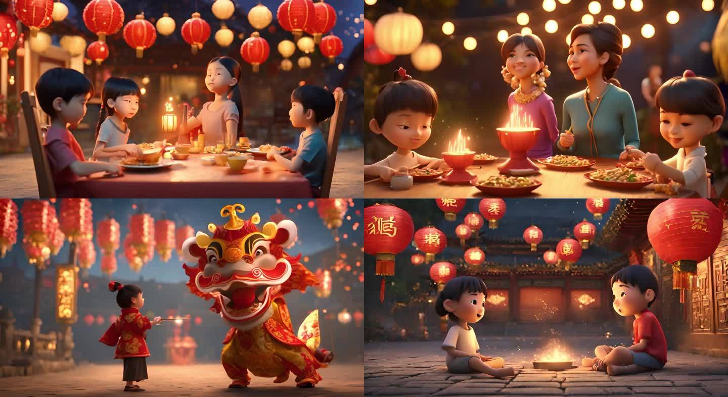 全家团圆元宵灯会 过年中国年龙年庆祝新年