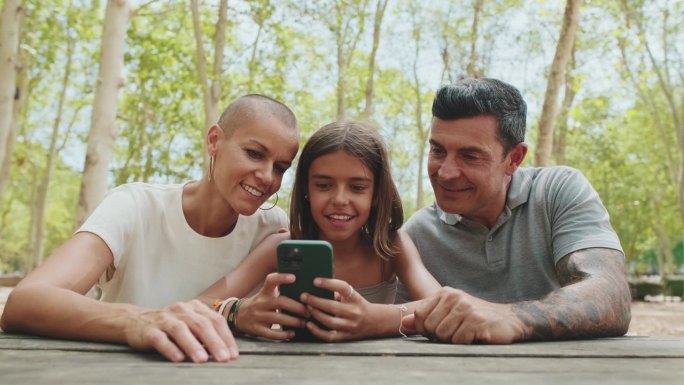 幸福的一家人坐在公园的长椅上用智能手机看照片和视频