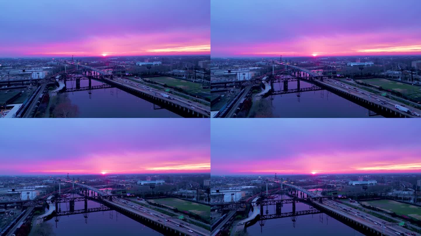 宾州的紫色日落，航拍全景图