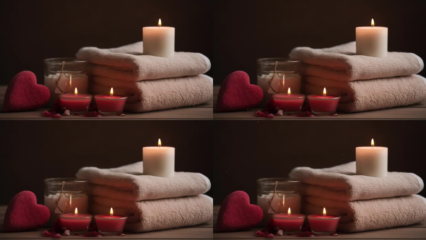 情人节浪漫的风景伴着心和芳香的蜡烛。放松蜡烛水疗和健康的背景。爱的气氛，心情的背景。按摩室治疗准备。