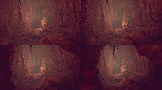 一个充满红色岩石的充满活力的洞穴