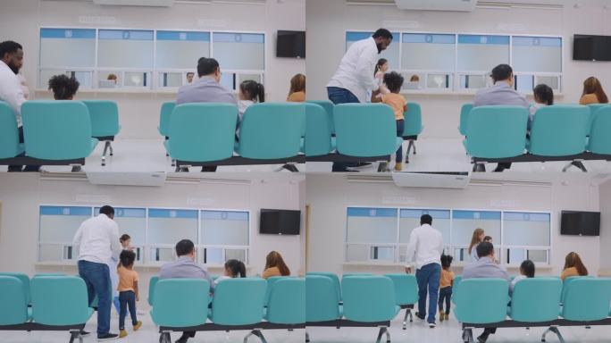 短药房在医院病房为病人提供服务。一群病人坐在椅子上，心情愉快，放松，同时排队等候在医疗中心接受药物。