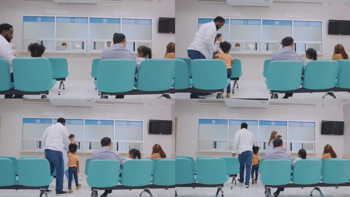 短药房在医院病房为病人提供服务。一群病人坐在椅子上，心情愉快，放松，同时排队等候在医疗中心接受药物。