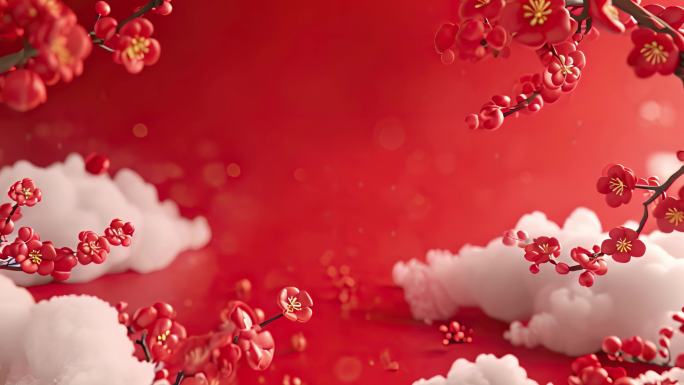 3D红色梅花和云朵场景