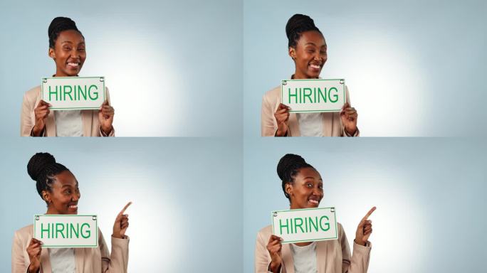 快乐的黑人女性，招聘标志和指向商业机会的模型与工作室的背景。非洲女性肖像或员工微笑与招聘或职业广告牌