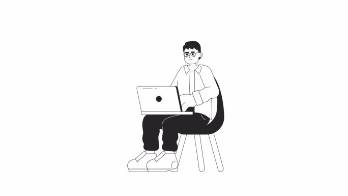 戴眼镜的人坐在椅子上，拿着笔记本电脑看2D人物动画