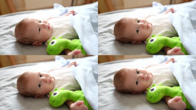 可爱的婴儿躺在婴儿床上，带着他最喜欢的玩具睡在家里。儿童保护理念，儿童日，睡眠玩具