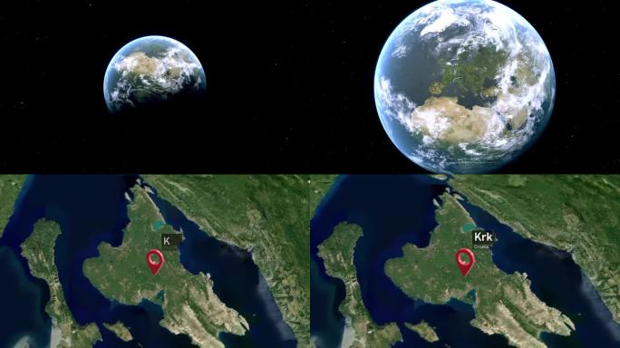 Krk岛地图从太空到地球的缩放，克罗地亚