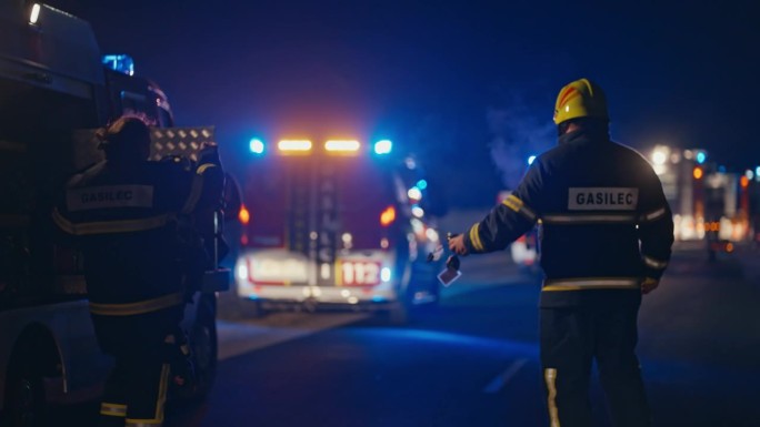 夜间紧急情况下道路上的消防队员和闪光消防车救援队