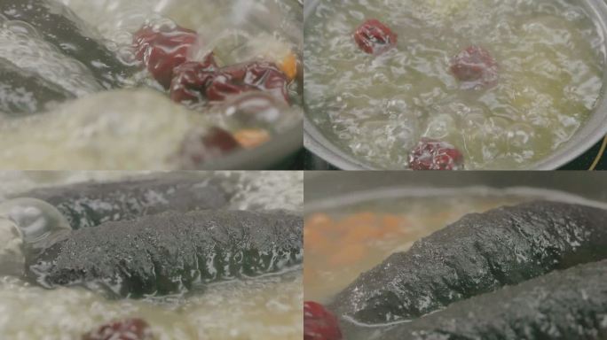 多组烹饪海参加药材炖汤煲汤过程及细节