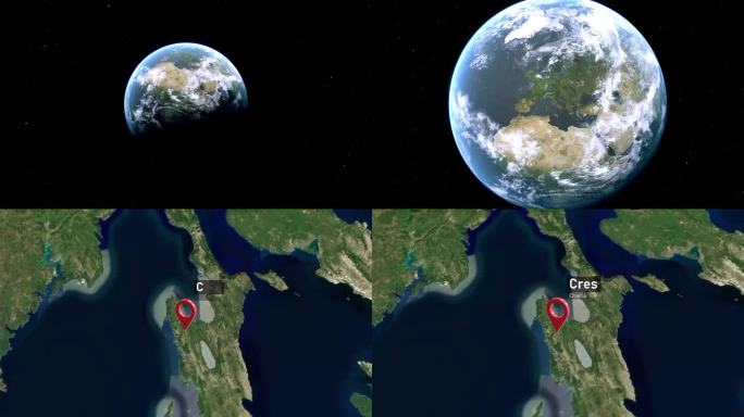 克雷斯岛地图从太空到地球的缩放，克罗地亚