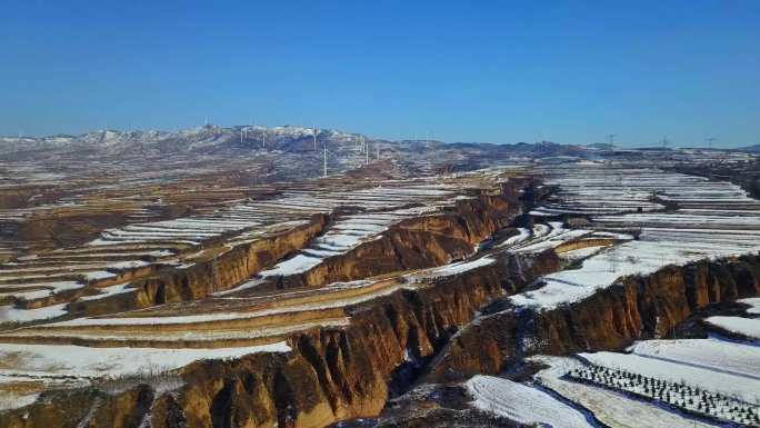 航拍黄土高原梯田雪景