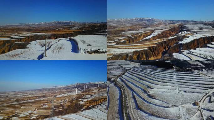 航拍黄土高原梯田雪景