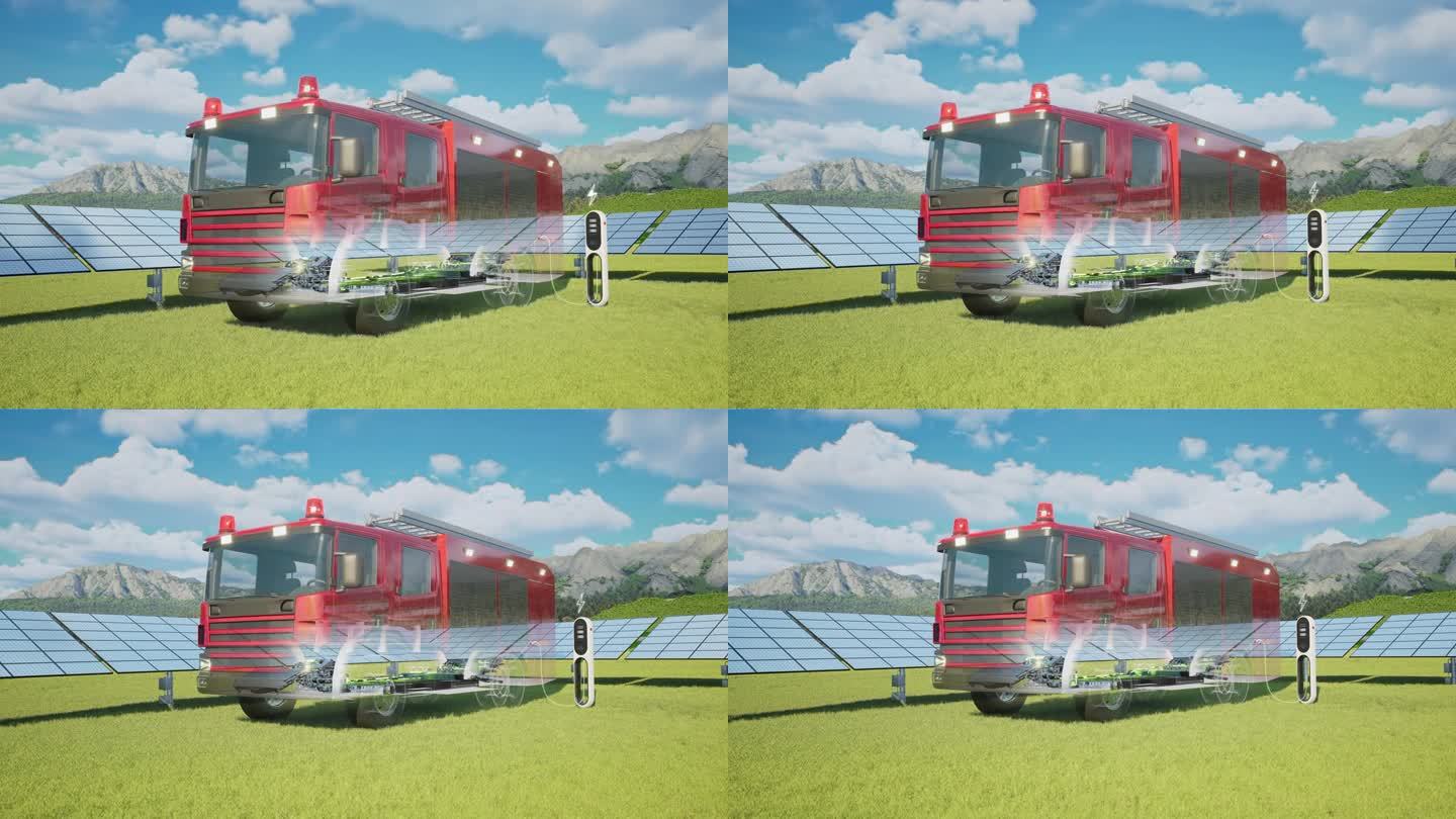 在电动汽车充电站用太阳能电池板充电的消防车- 4K分辨率