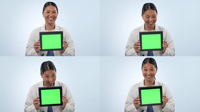 亚洲女性，医生和平板电脑，绿屏广告，背景是工作室。女性肖像，医疗或保健外科医生展示技术展示，健康应用