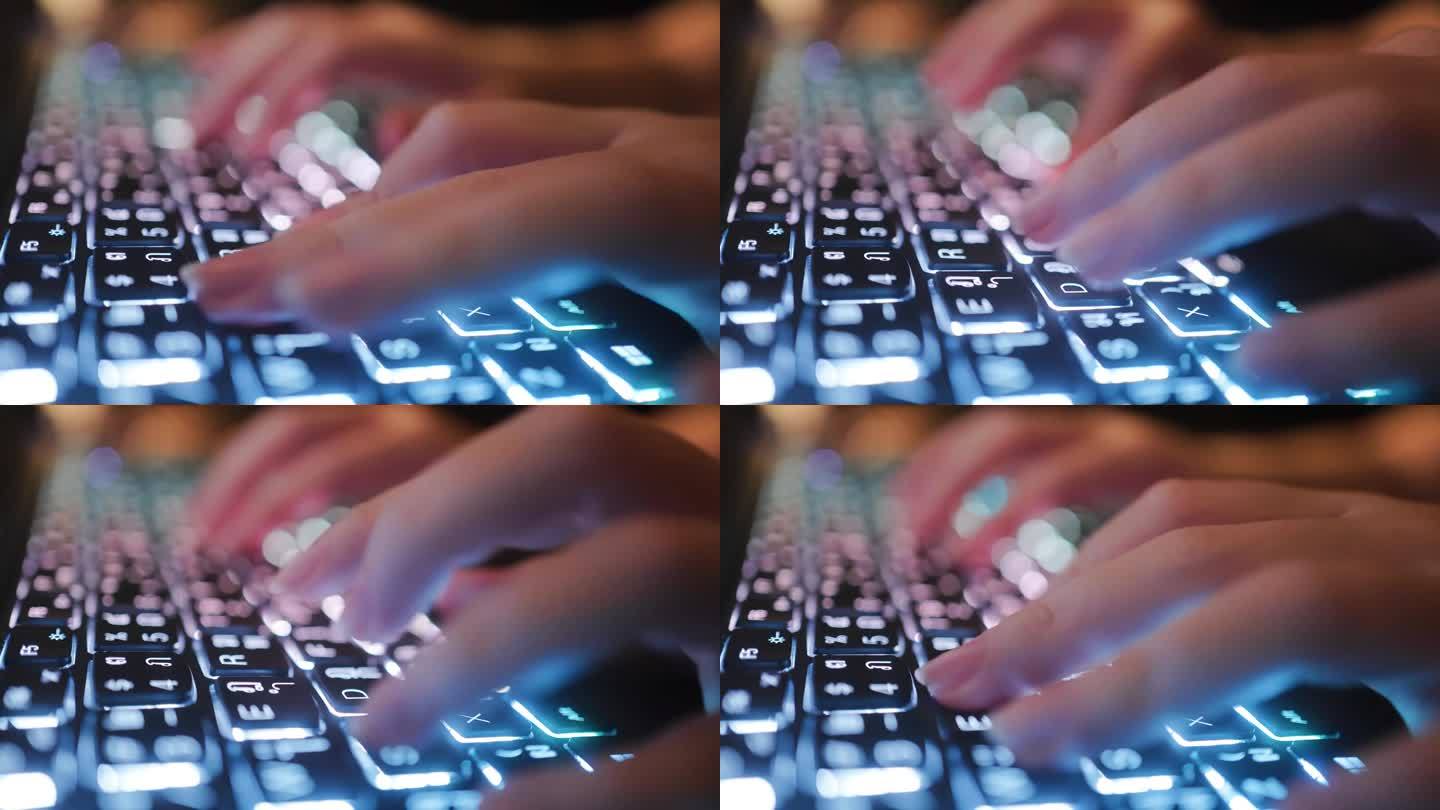 特写:一位女士在商务办公室的电脑键盘前工作，她用手在笔记本电脑上打字，用于在线交流和互联网服务