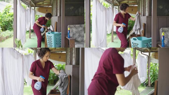 欧亚裔女护士在家里用去污剂洗脏衣服